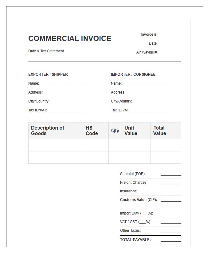 Duty And Tax International Invoice Template