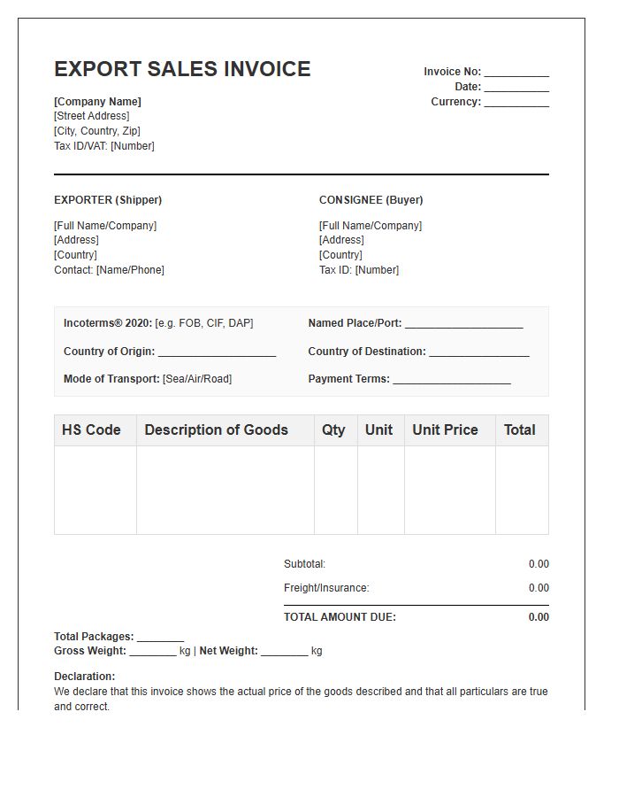 Export Sales Invoice Template With Incoterms