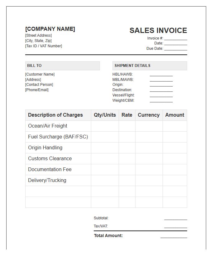 Freight Forwarding Sales Invoice Template