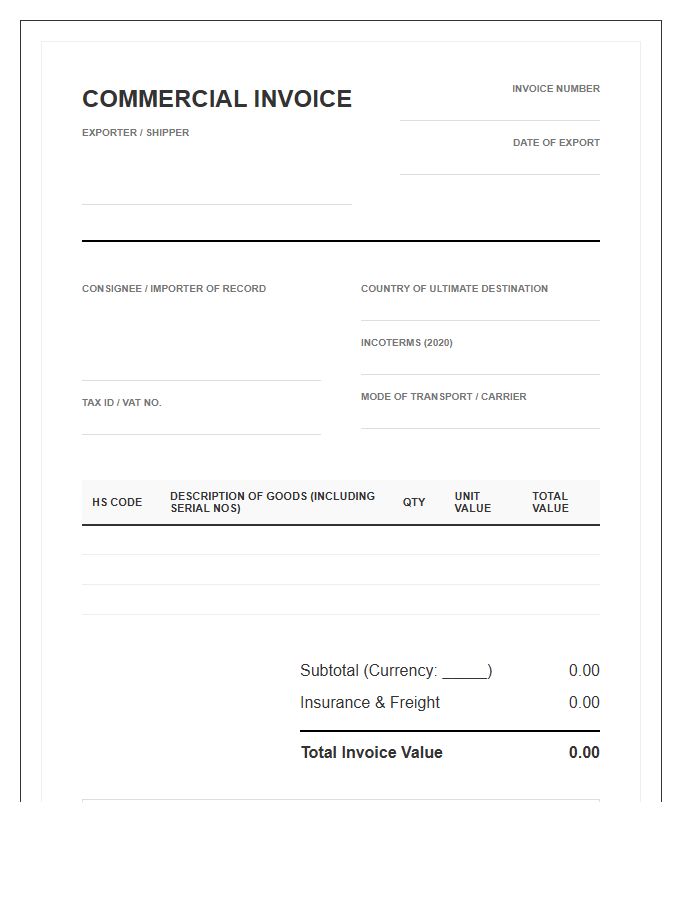 High Value Goods Export Invoice Template