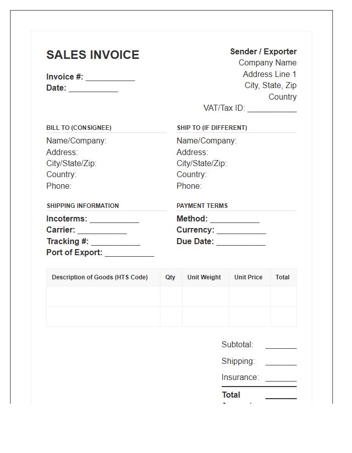 International Shipping Sales Invoice Template