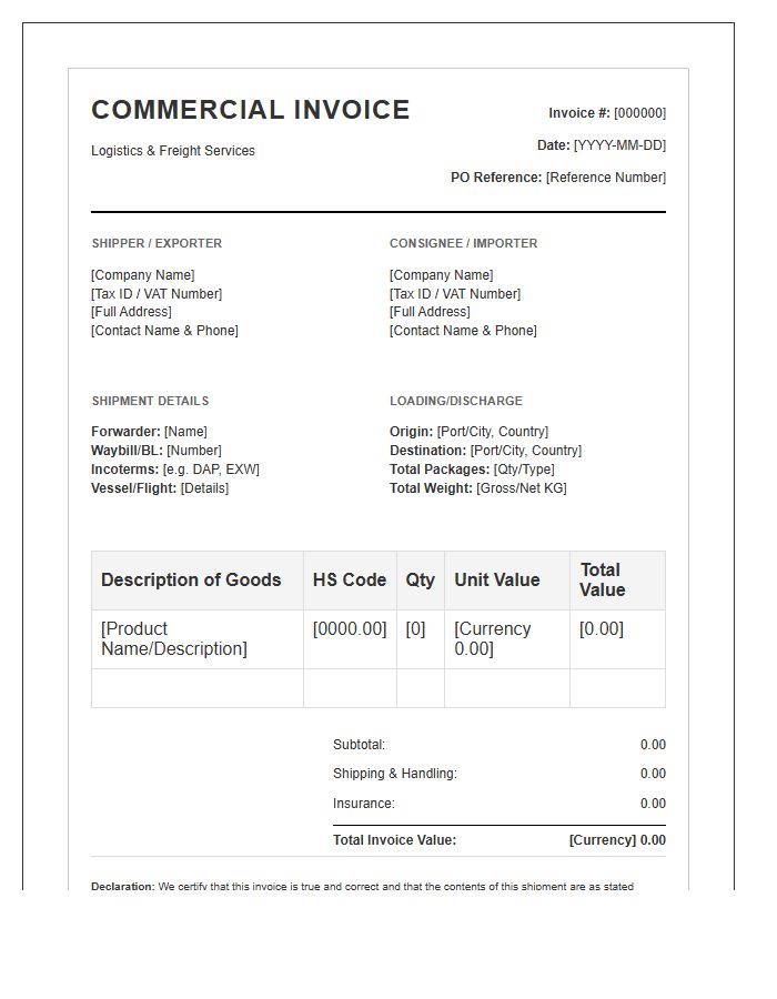 Logistics Provider Commercial Invoice Template