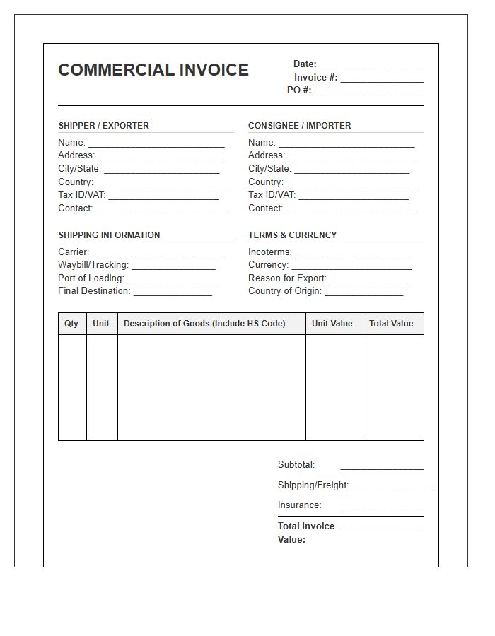 Official Customs Commercial Invoice Template