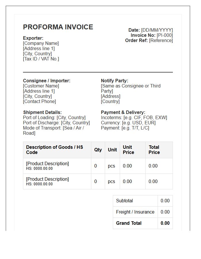 Proforma Invoice Template For Export