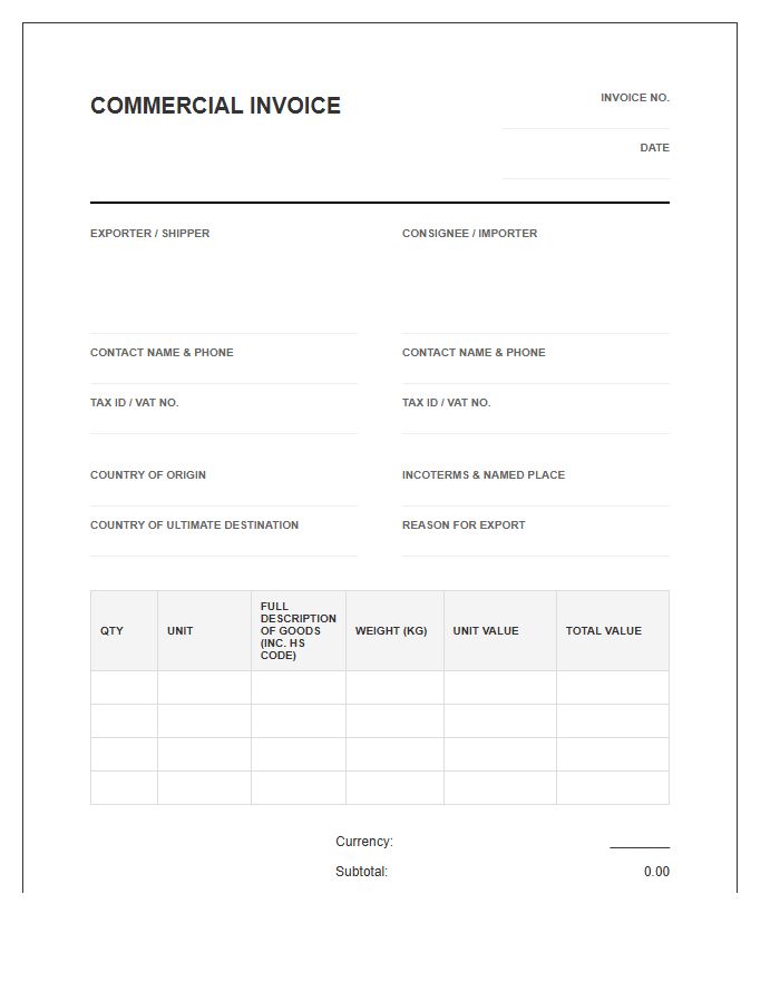 Standard Commercial Invoice Template For Import