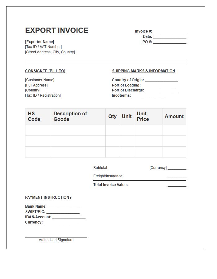 Wholesale Export Sales Invoice Template