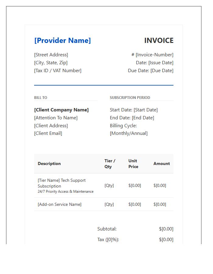 B2B Tech Support Subscription Invoice Template