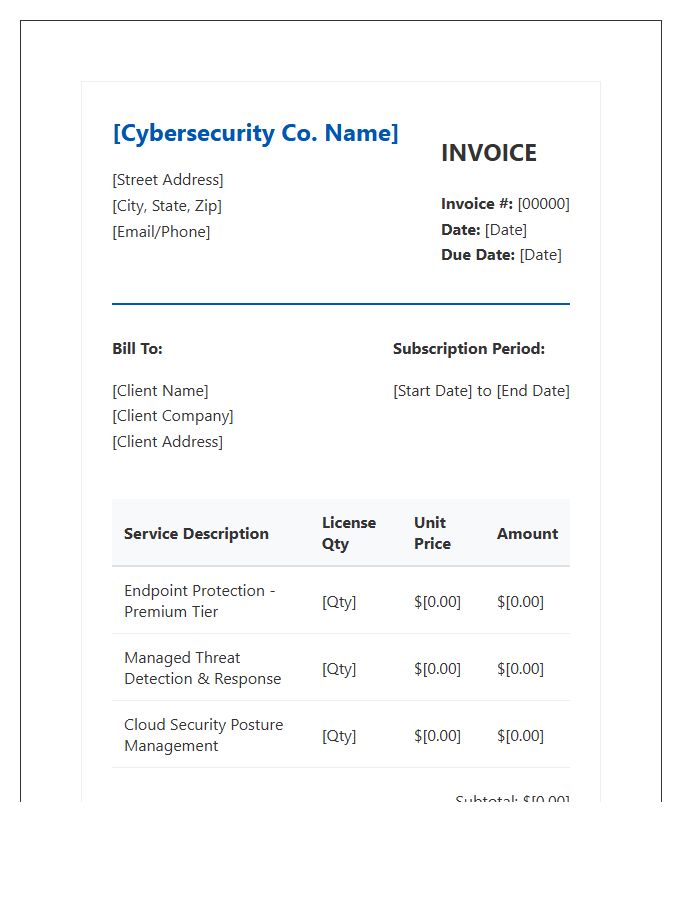 Cybersecurity Software Subscription Invoice Template