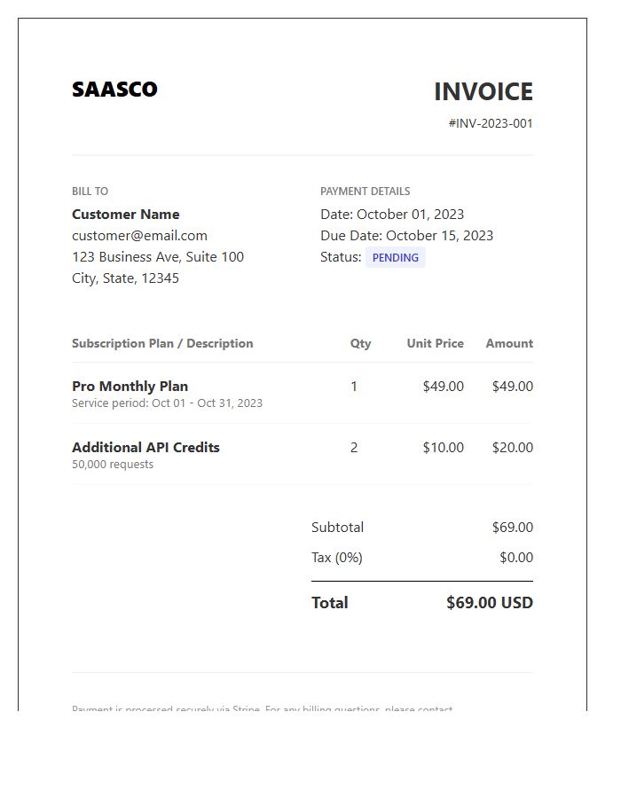SaaS Subscription Billing Invoice Template