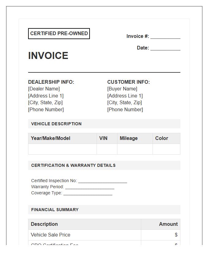 Certified Pre-Owned Car Invoice Template