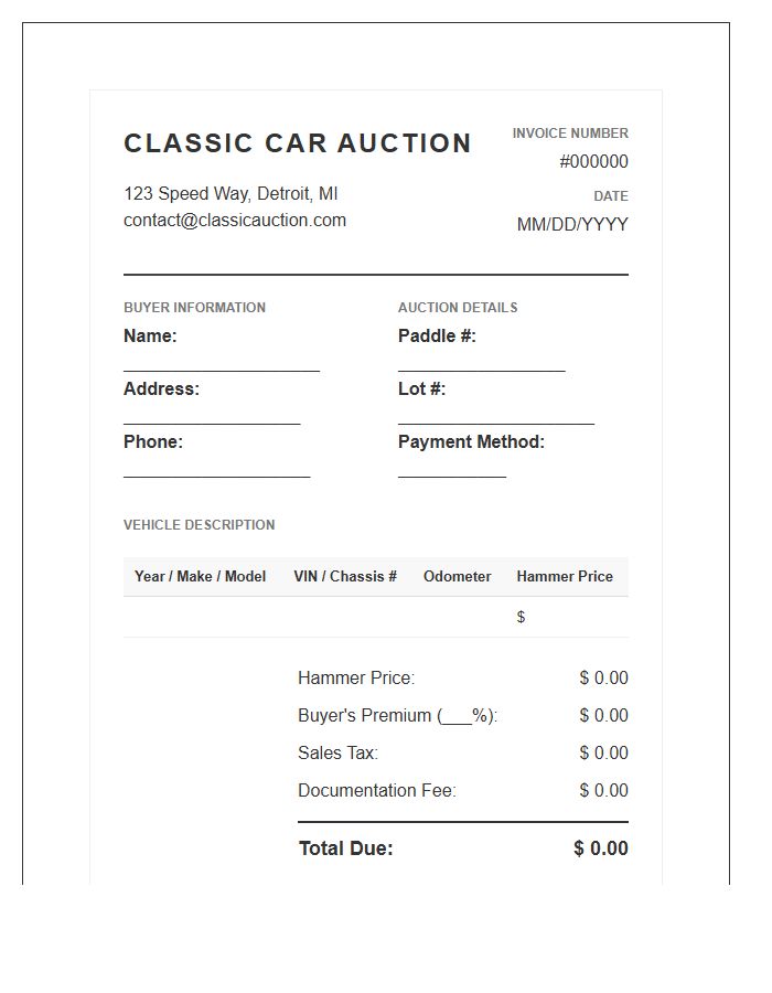 Classic Car Auction Invoice Template