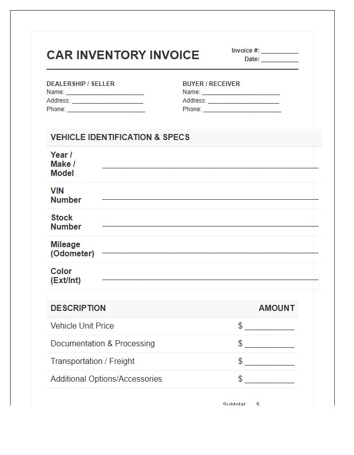 Compact Car Inventory Invoice Template