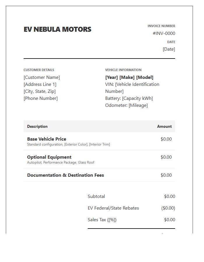Electric Vehicle Dealership Invoice Template