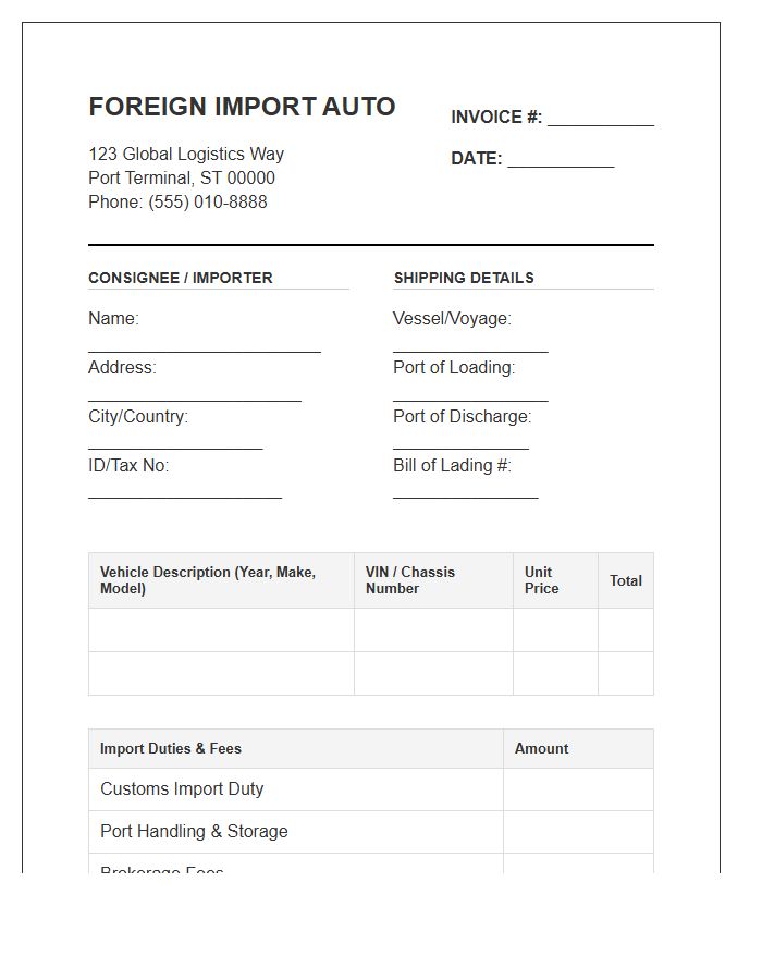 Foreign Import Auto Invoice Template