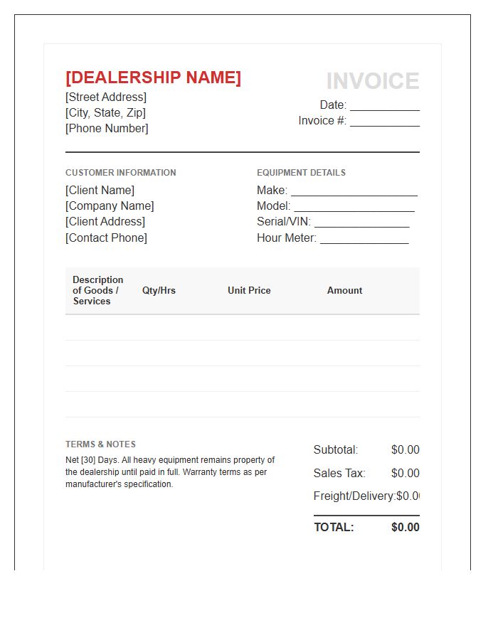 Heavy Equipment Dealership Invoice Template