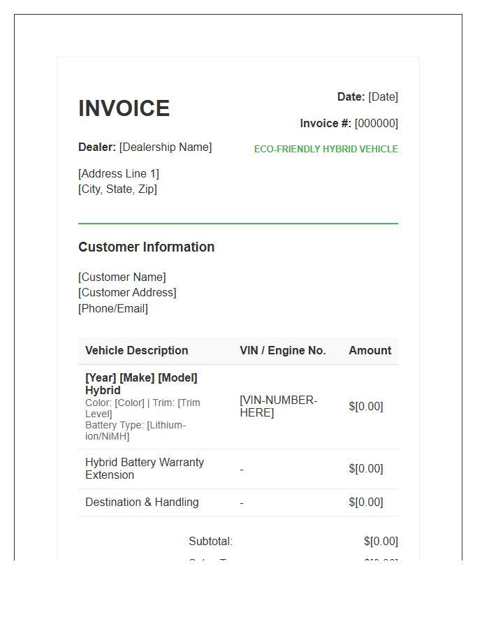 Hybrid Car Purchase Invoice Template