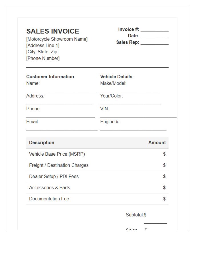 Motorcycle Showroom Sales Invoice Template