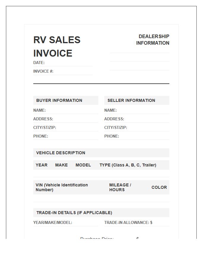 Recreational Vehicle Sales Invoice Template