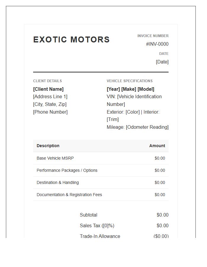 Sports Car Dealership Invoice Template