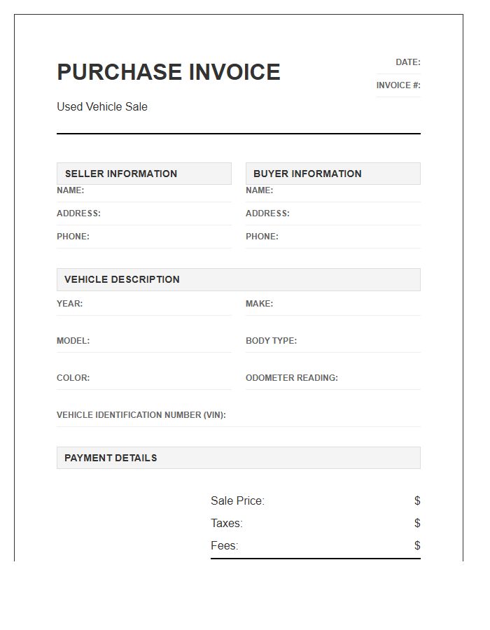 Used Vehicle Purchase Invoice Template