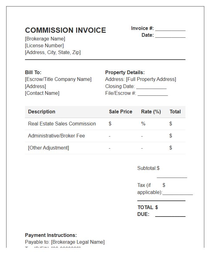 Independent Real Estate Sales Brokerage Invoice Template