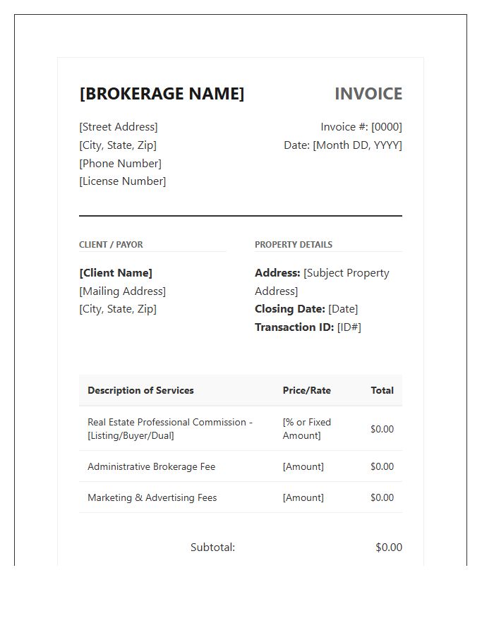 Professional Real Estate Brokerage Invoice Template