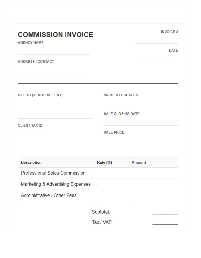 Property Sales Agency Commission Invoice Template