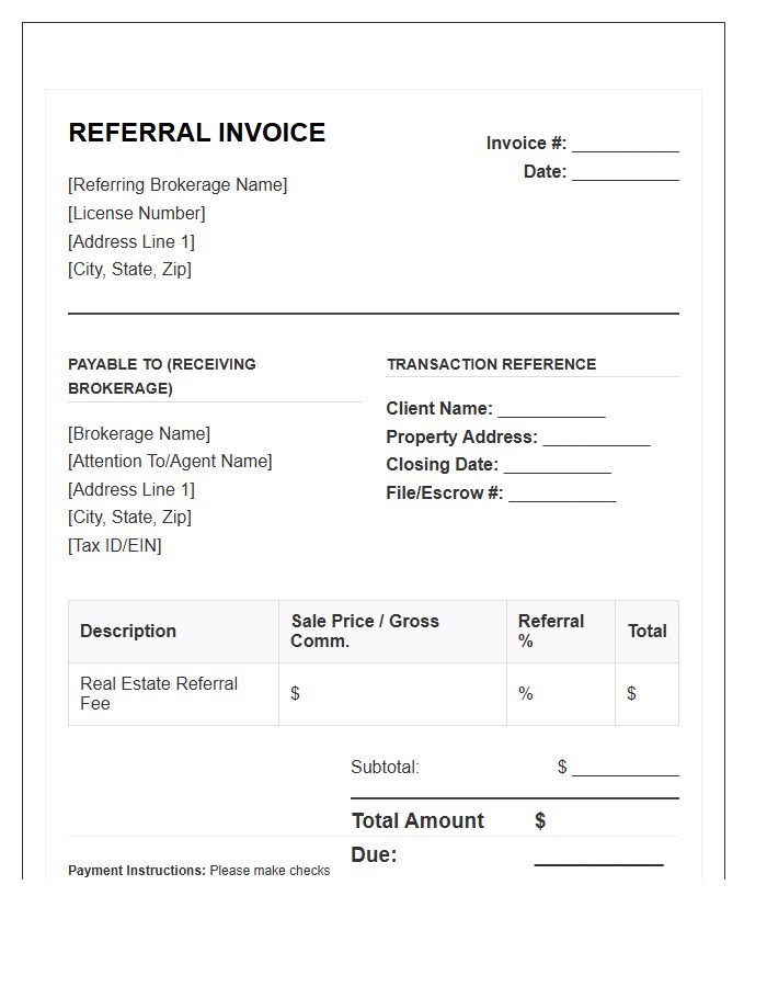 Real Estate Brokerage Referral Fee Invoice Template
