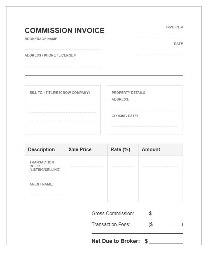 Real Estate Brokerage Sales Commission Invoice Template