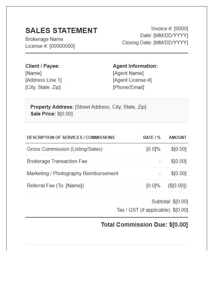 Real Estate Brokerage Sales Statement Invoice Template