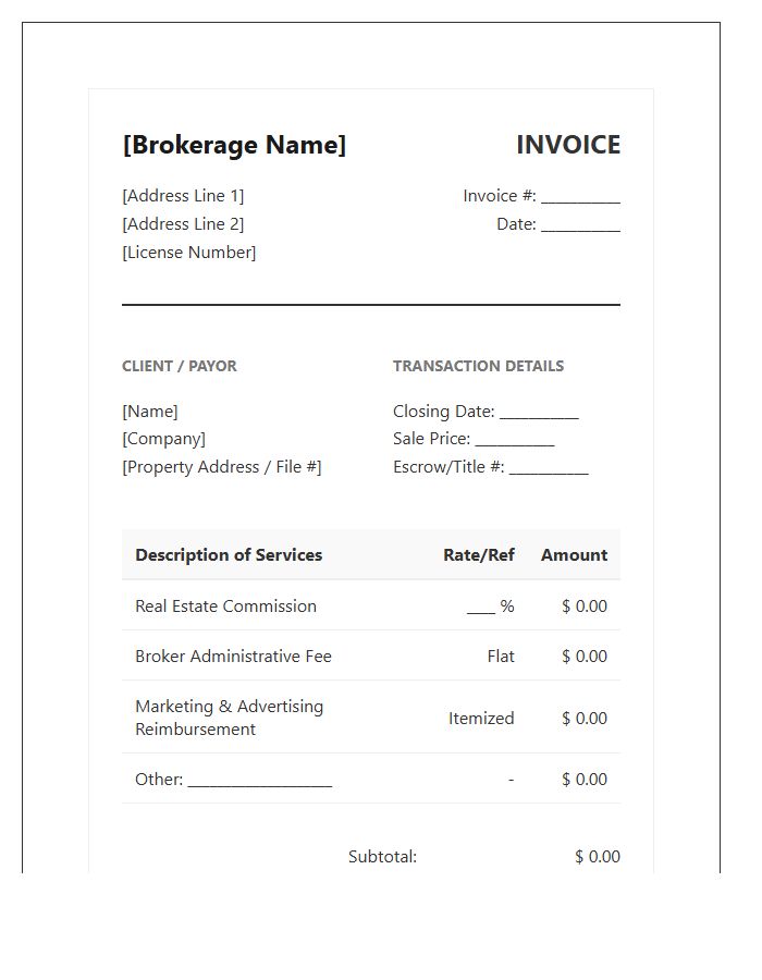 Real Estate Brokerage Service Billing Invoice Template