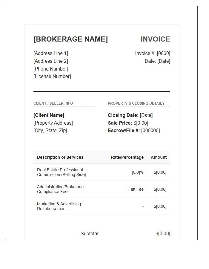Real Estate Selling Agent Brokerage Invoice Template