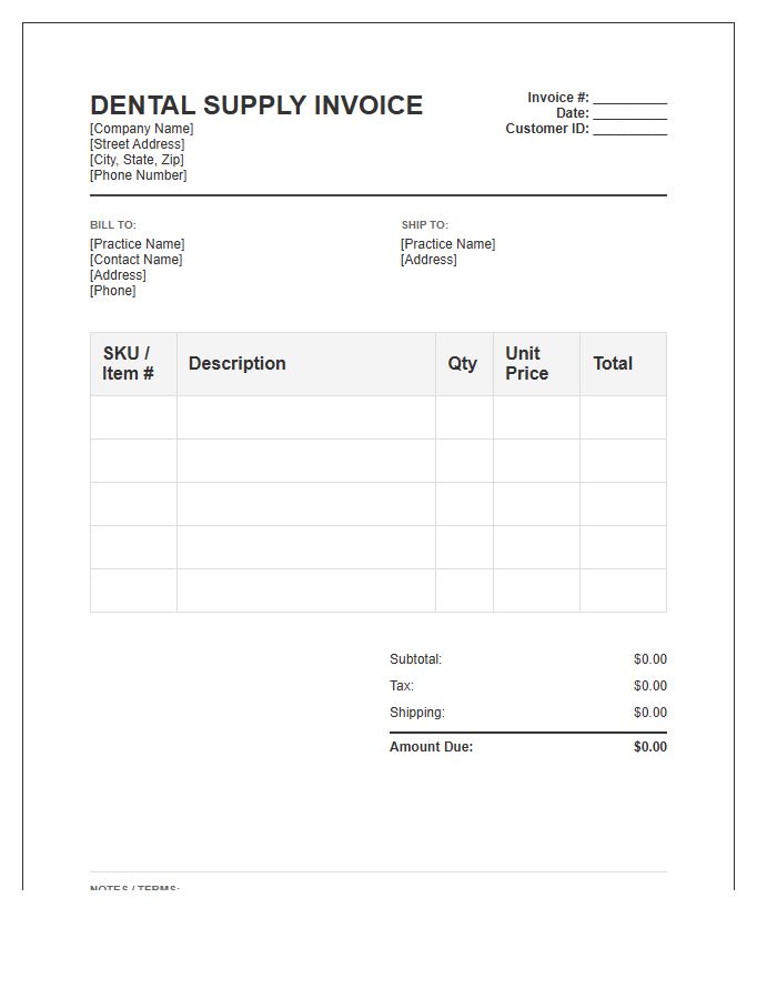 Dental Supply Sales Invoice Template