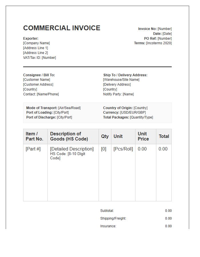 Electrical Component Export Invoice Template