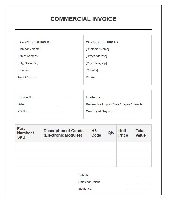 Electronic Module Commercial Invoice Template