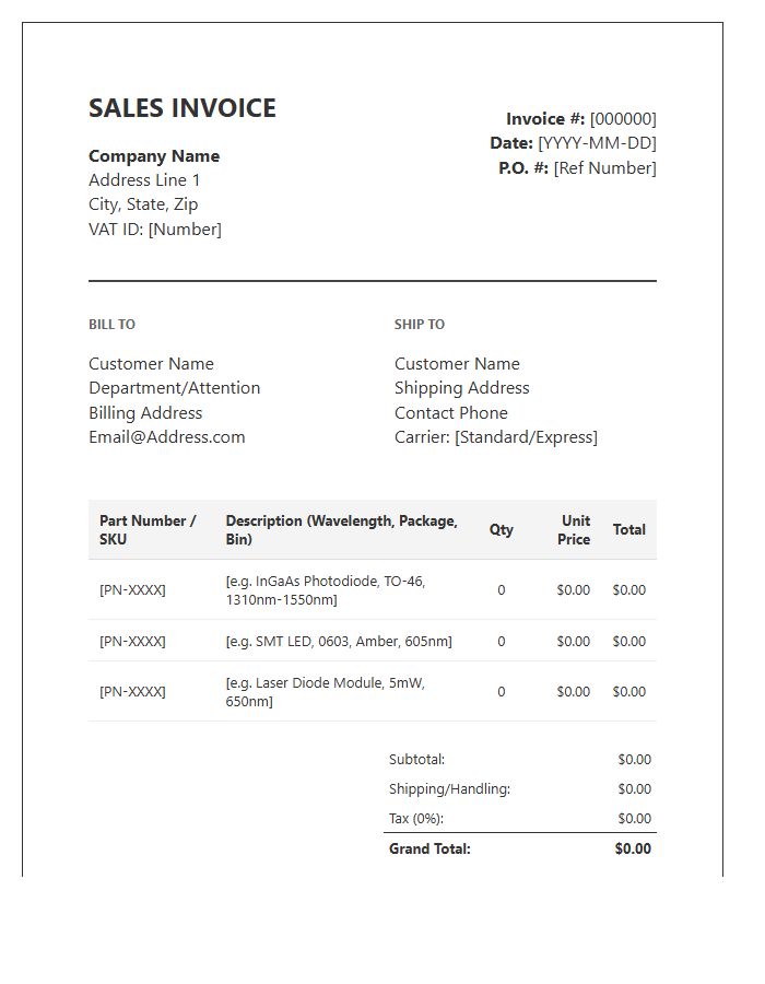 Optoelectronic Component Sales Invoice Template