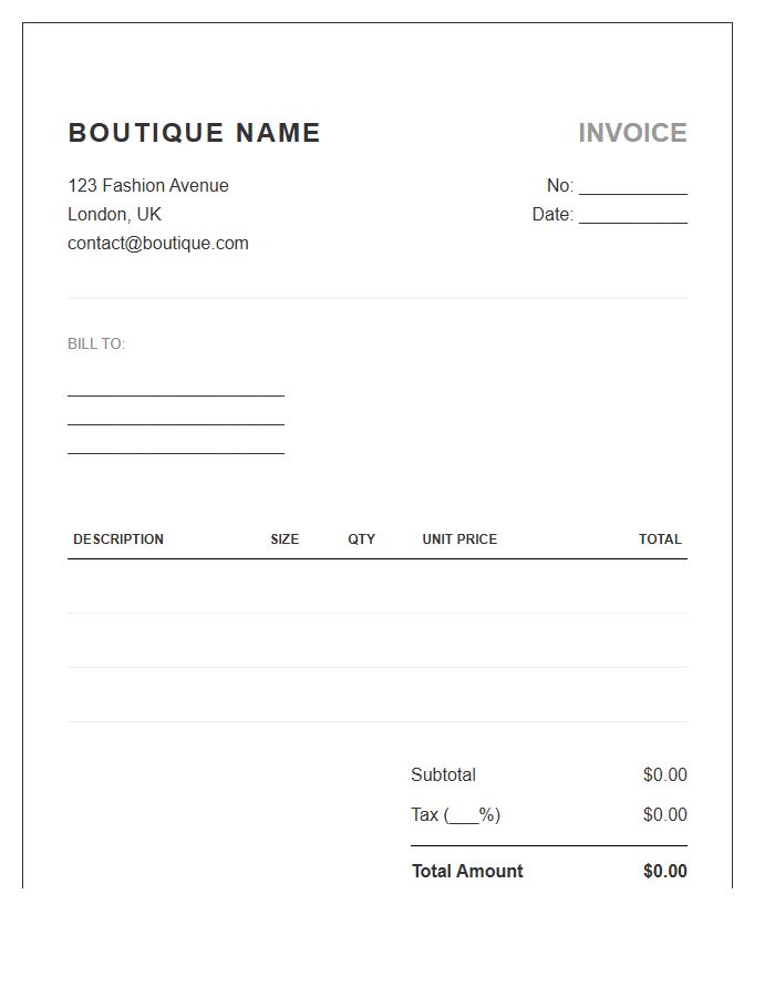 Boutique Clothing Sales Invoice Template
