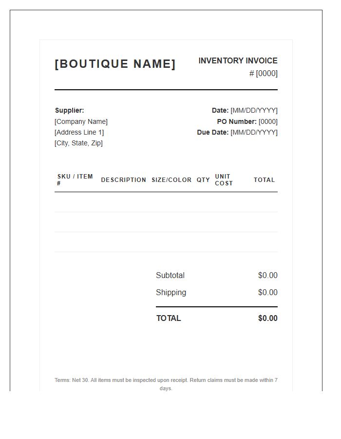 Boutique Fashion Inventory Invoice Template