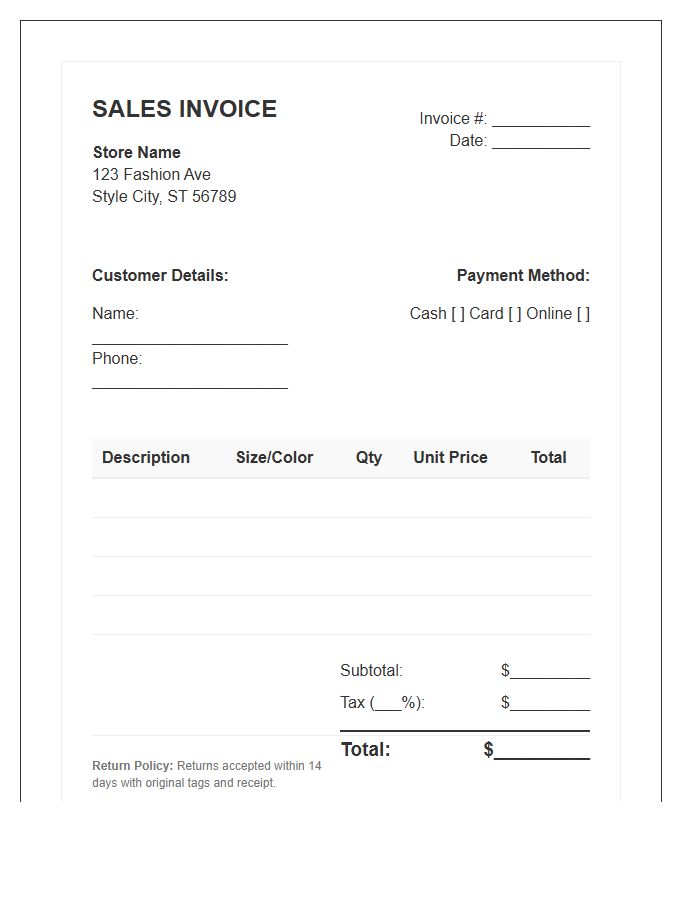 Casual Clothing Sales Invoice Template