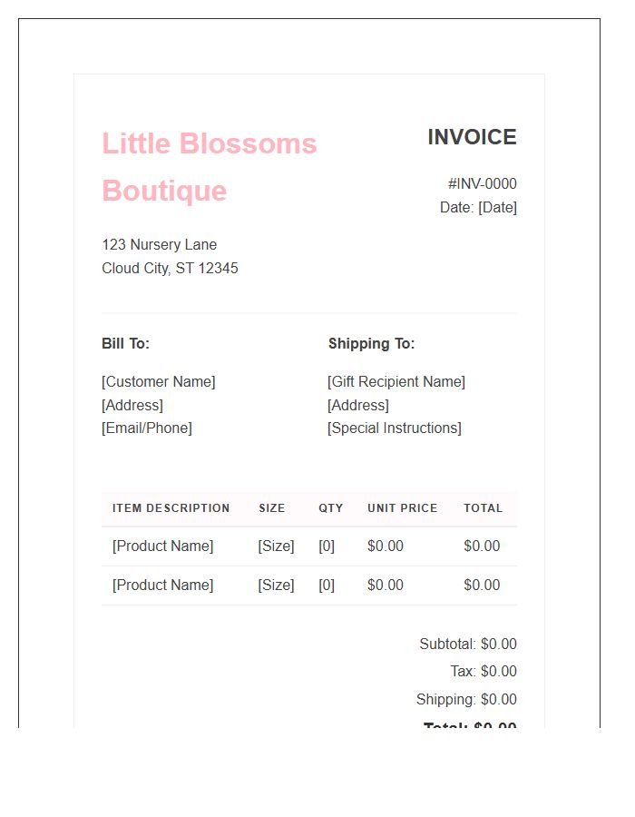 Children's Boutique Sales Invoice Template