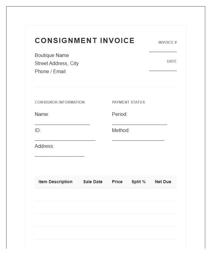 Consignment Clothing Boutique Invoice Template