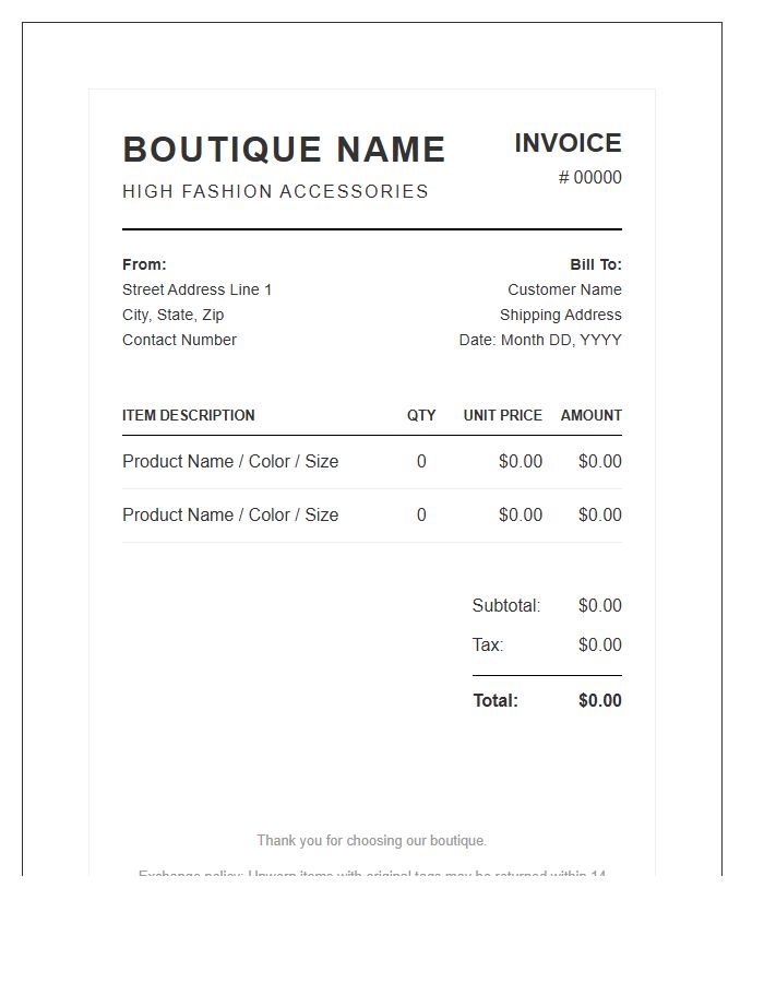 Fashion Accessories Boutique Invoice Template