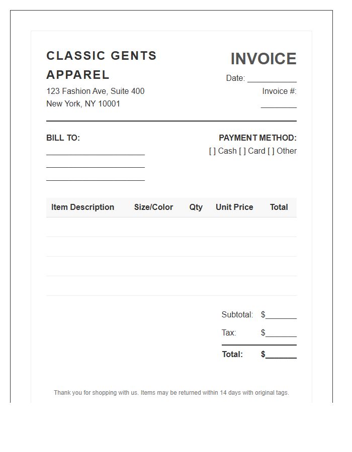 Men's Clothing Store Invoice Template