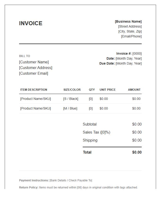 Retail Apparel Business Invoice Template