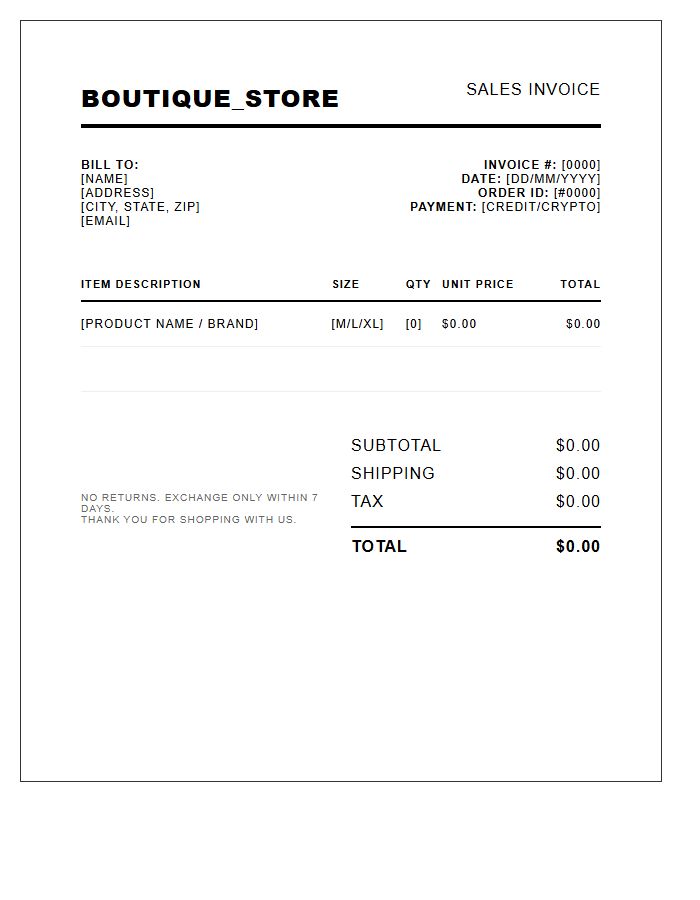 Streetwear Boutique Sales Invoice Template