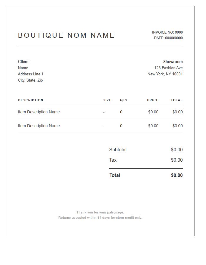 Upscale Clothing Boutique Invoice Template