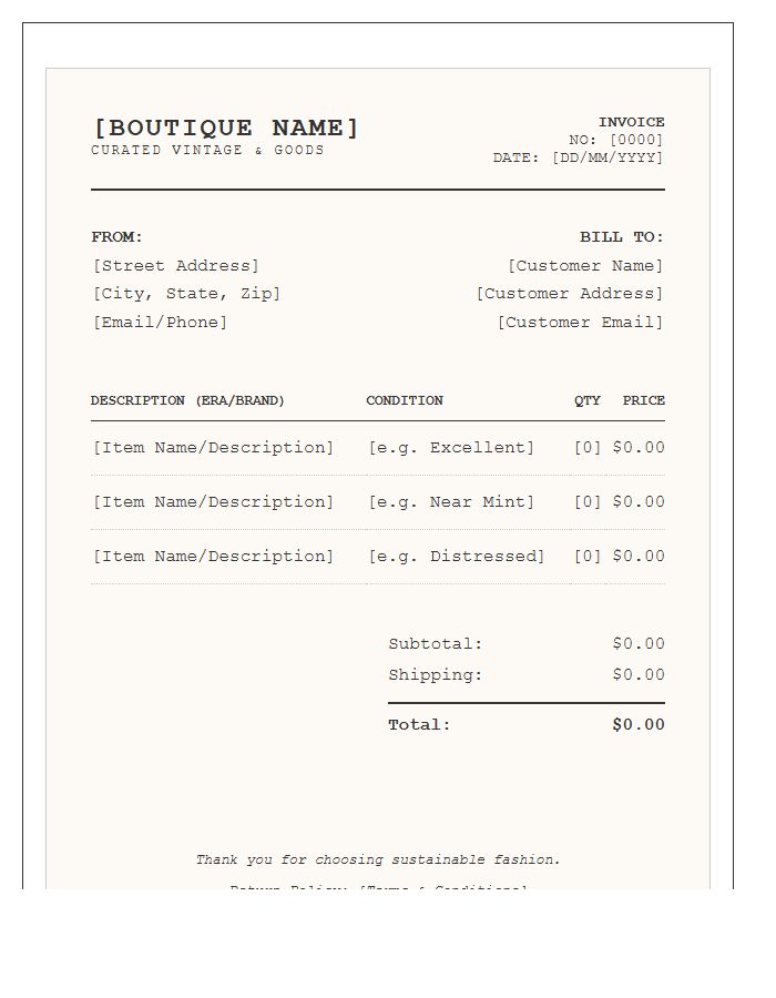 Vintage Clothing Boutique Invoice Template