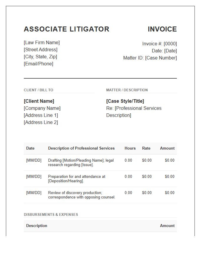Associate Litigator Professional Service Invoice Template