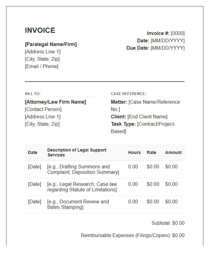 Associate Paralegal Support Service Invoice Template