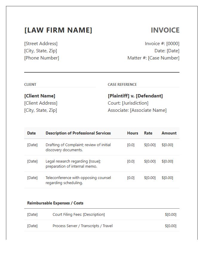 Civil Litigation Associate Professional Invoice Template